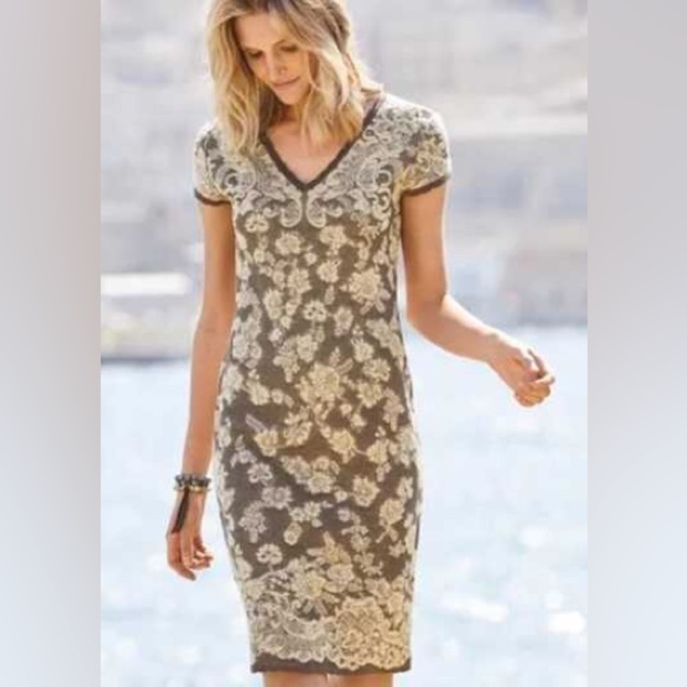 Peruvian Connection Pima Cotton Floral Textured Cream Tan Knit Sheath Dress S